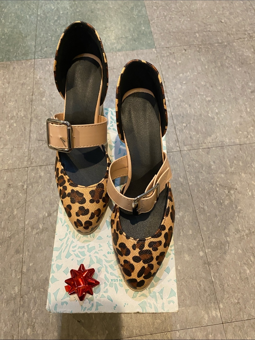 NWOT Leopard Print— High Heels Shoes with Buckle Strap - Beige & Black